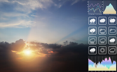 Wall Mural - weather forecast symbol data presentation with graph and chart on dramatic atmosphere panorama view 