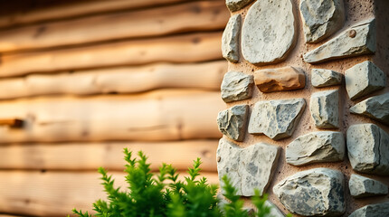 Wall Mural - Rustic Stone and Wood Wall Texture: A Charming Architectural Detail. Perfect for backgrounds and design projects. Natural stone and wood create a cozy atmosphere.