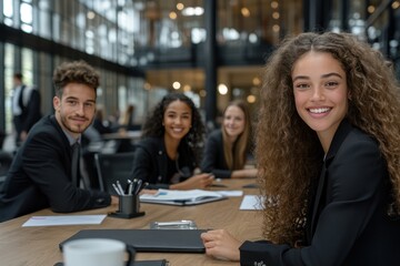 Wall Mural - Collaborative Workplace: Diverse Businesspeople Smiling and Working Together Around a Meeting Table in an Office