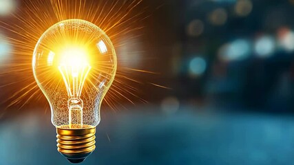 a digital illustration of a glowing light bulb suspended in a dark room, emitting bright rays of lig