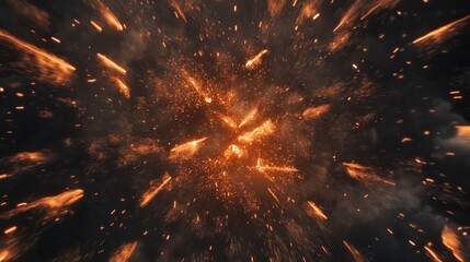 Wall Mural - Fiery explosion with sparks and smoke in dark background.
