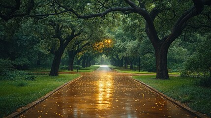 Wall Mural - Rainy park path, golden light, autumn leaves.