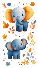 Wall Mural - Two cute cartoon elephants with autumn leaves.