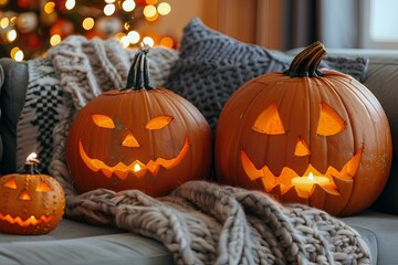 Wall Mural - A couple of pumpkins sitting on top of a couch