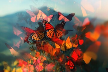 Poster - Monarch butterflies flutter amidst vibrant flowers, a breathtaking scene of nature's beauty.