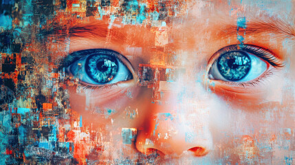 Canvas Print - image showcases close up of child face with striking blue eyes, surrounded by vibrant, abstract digital background that conveys sense of depth and emotion