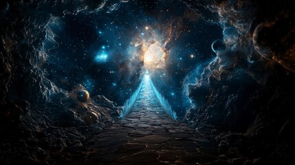 Poster - A celestial journey across the cosmic bridge galactic realm digital art surreal environment wide angle interstellar adventure