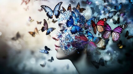 Poster - Human face fracturing into butterflies surreal scene fantasy art dreamlike environment close-up view transformation concept
