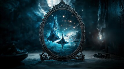 Wall Mural - reflections of dreams in an antique mirror enchanted forest fantasy art mystical environment surreal