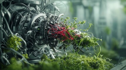 Fototapete - Futuristic biological machines integrating nature science lab digital art high-tech environment close-up view