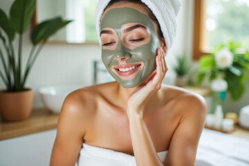 Wall Mural - Young caucasian female relaxing with a clay face mask in a spa setting