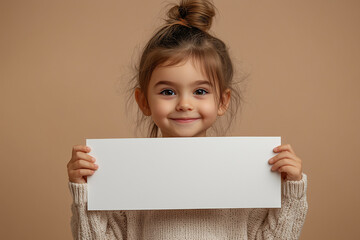 girl with a messy bun holds a big white paper in his hands in front of him and smiling on beige color background