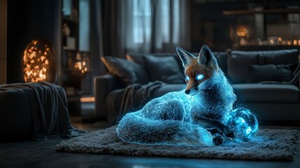 Aufkleber - Ethereal glowing fox in cozy living room magical pet scene mystical home environment whimsical concept