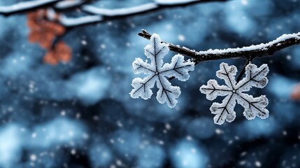 Wall Mural - Snowflakes on a branch in the snow