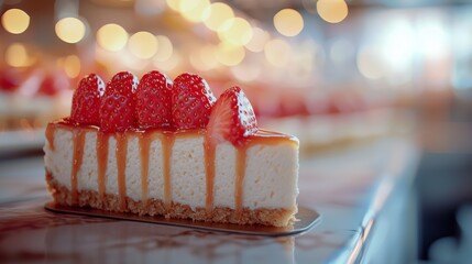 Wall Mural - Delicious cheesecake slice with strawberries and caramel drizzle