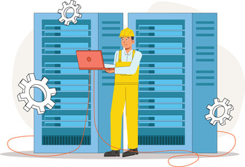 Data Center Technician Illustration Working with Server and Laptop Shows a technician troubleshooting or maintaining servers using a laptop.