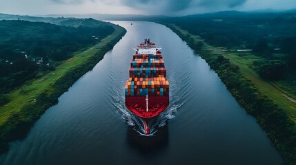 Cargo Ship Transiting Panama Canal Lush Green Banks