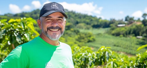 Wall Mural - Happy farmer in coffee plantation, sunny day. Stock photo