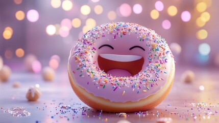 Poster - A cheerful, laughing donut with pink icing and sprinkles, sitting on a light surface with bokeh background.