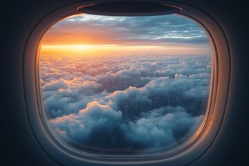 Canvas Print - Airplane window view: sunset, city, clouds.