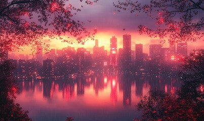 Wall Mural - Raining city skyline reflected in red water.