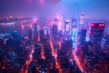 Wall Mural - Neon-lit cityscape at night; vibrant city view.