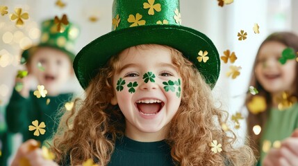 St. Patrick's Day Cheer: A joyful child with curly red hair and shamrocks painted on her face beams radiantly, wearing a festive green top hat amidst falling confetti.