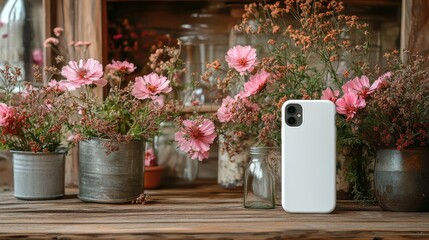 Poster - White Smartphone Among Beautiful Pink Flowers in Rustic Setting