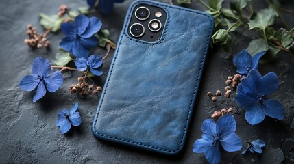 Poster - Blue Leather Phone Case Surrounded by Fresh Blue Flowers and Leaves