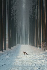 Wall Mural - A lone fox in a snowy forest pathway. Sunlight filters through the tall trees.