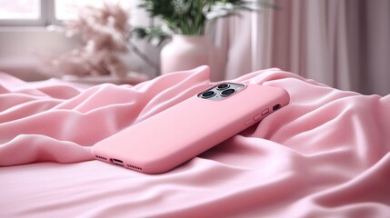 Poster - Soft Pink Phone Case on Cozy Fabric Background with Natural Light