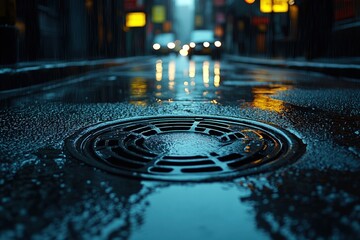 Wall Mural - Rainy city street, wet drain, blurred lights.