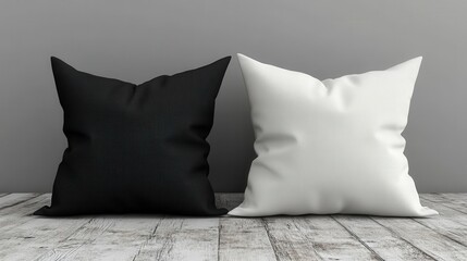 Wall Mural - Black and White Decorative Pillows on Rustic Wooden Floor