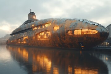 Wall Mural - Rusty submarine-like vessel, docked, glowing windows.