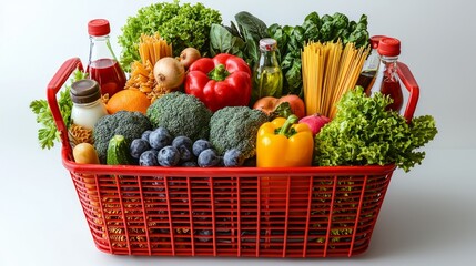 Sticker - Red basket overflowing with fresh produce, pasta, and drinks. Healthy grocery shopping