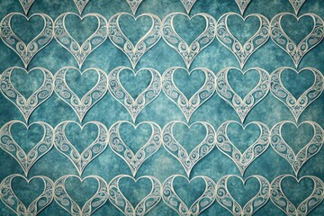 Wall Mural - A whimsical hand-drawn pattern featuring interlocking hearts on a muted blue background with intricate details and texture, folk art, playful design, hearts, muted colors