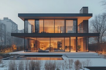 Wall Mural - Modern glass house, snowy landscape, warm interior.