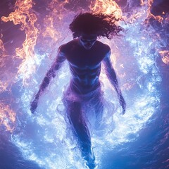 Canvas Print - Muscular man submerged, fiery, icy water swirl.