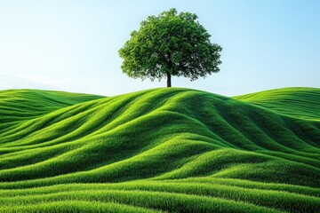 Lush green hills, single tree atop.