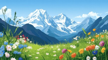 Poster - A vibrant, spring meadow nestled at the base of snow-capped alpine mountains. Lush, colorful wildflowers dot the foreground, while towering, majestic peaks dominate the background.  A sunny, clear blu