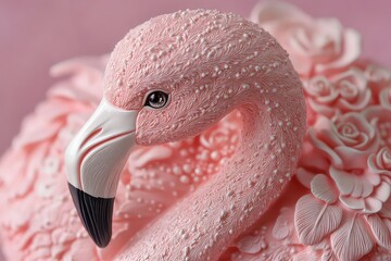 a close-up of a pink flamingo figurine with intricate details and a glossy finish.