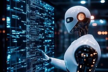 Leinwandbilder - Futuristic Robot with Digital Display Interface in Technology Hub : Generative AI