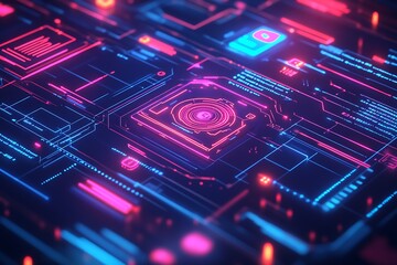 Aufkleber - Futuristic Neon Circuit Board with Digital Interface Elements in Blue and Pink Lighting : Generative AI