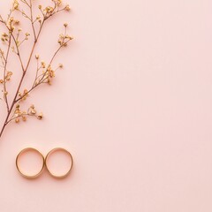 Wall Mural - A minimalist design featuring two gold wedding bands resting on a soft pink background adorned with subtle floral motifs