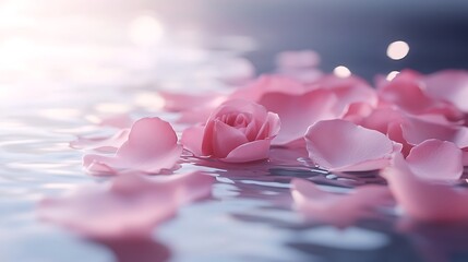 Soft pink rose petals floating gently on a serene background with subtle light creating a peaceful ambiance