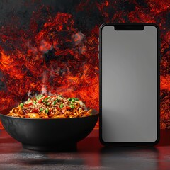 Bold ramen display with a blank phone screen surrounded by vibrant red energy.