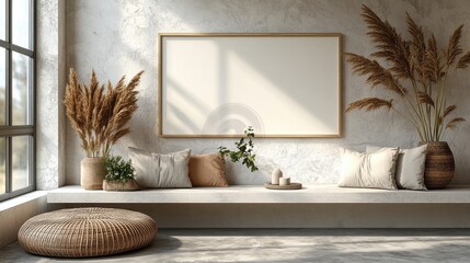 Poster - Cozy interior with neutral tones and decorative plants in sunlight