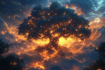 Canvas Print - Glowing tree above fiery clouds, ethereal scene.