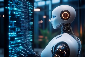 Leinwandbilder - AI Robot Engaging with Digital Interface in Innovative High-Tech Facility : Generative AI
