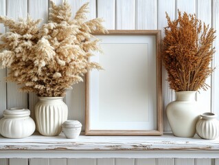 Poster - Elegant Neutral Decor with Dried Flowers and Empty Frame Display